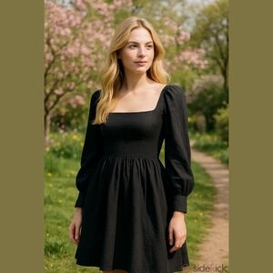 NEW Black Jet TOCCIN Smocked Cotton Puffed Long Sleeve Midi Dress Size XS